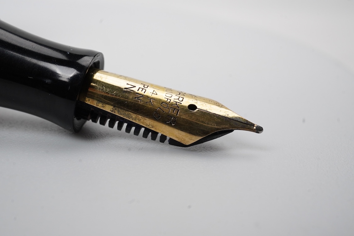 A Parker Senior UK Duofold 'red candy stripe' fountain pen with 14ct. gold 'N' nib